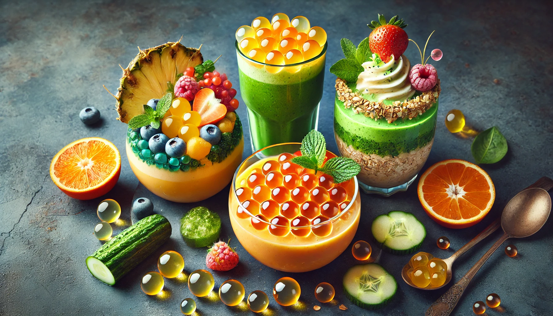Esferas multicoloridas de mango, maracuyá, y pitahaya, un efecto visual y gustativo espectacular