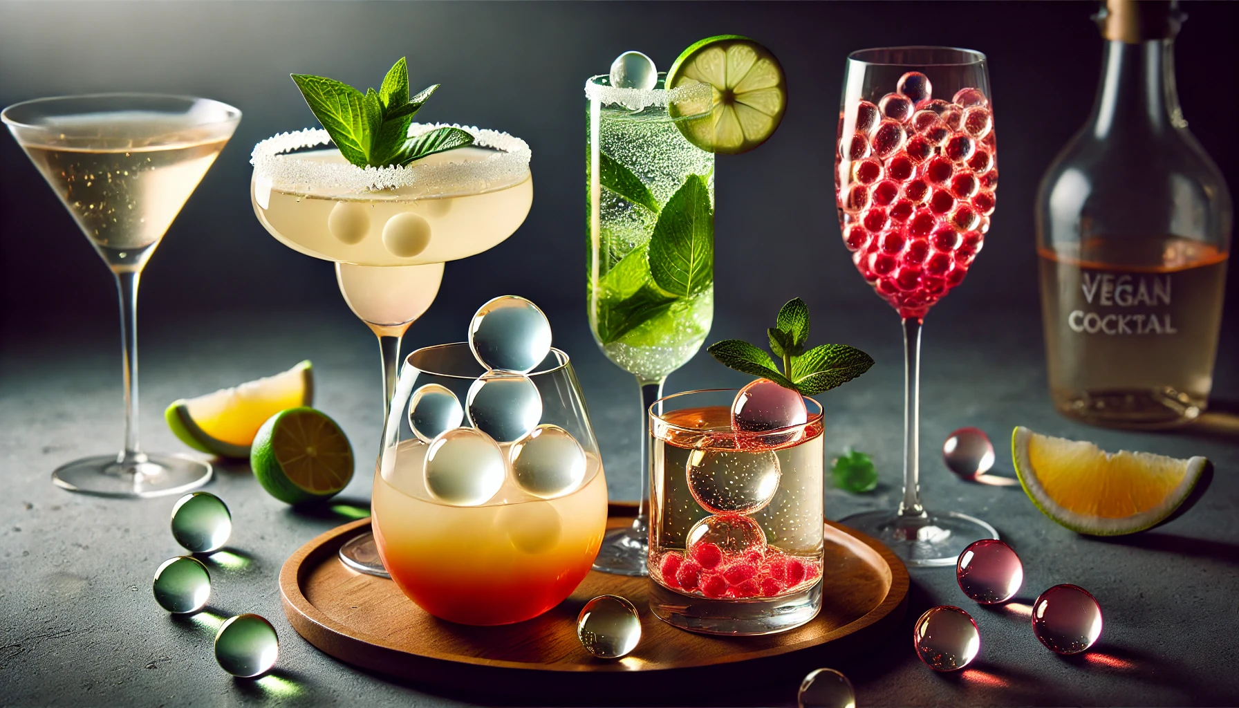 Esferas de gin tónica veganas, servidas em vasos para complementar una sobremesa de mousse de limón