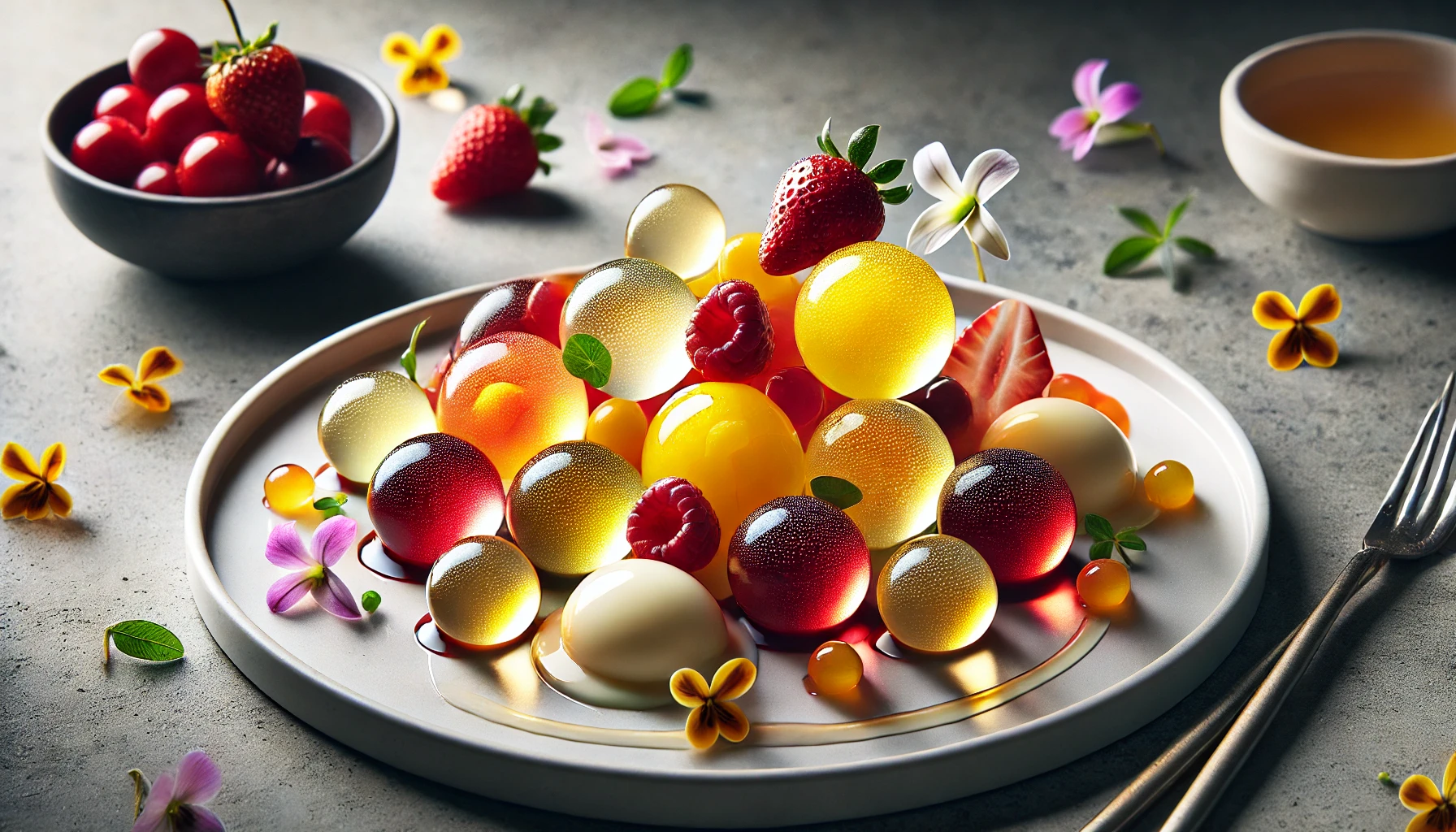 Esferas de hibisco. Um rojo vibrante que evoca una escultura comestible, perfecta para una experiencia artística y sensorial.