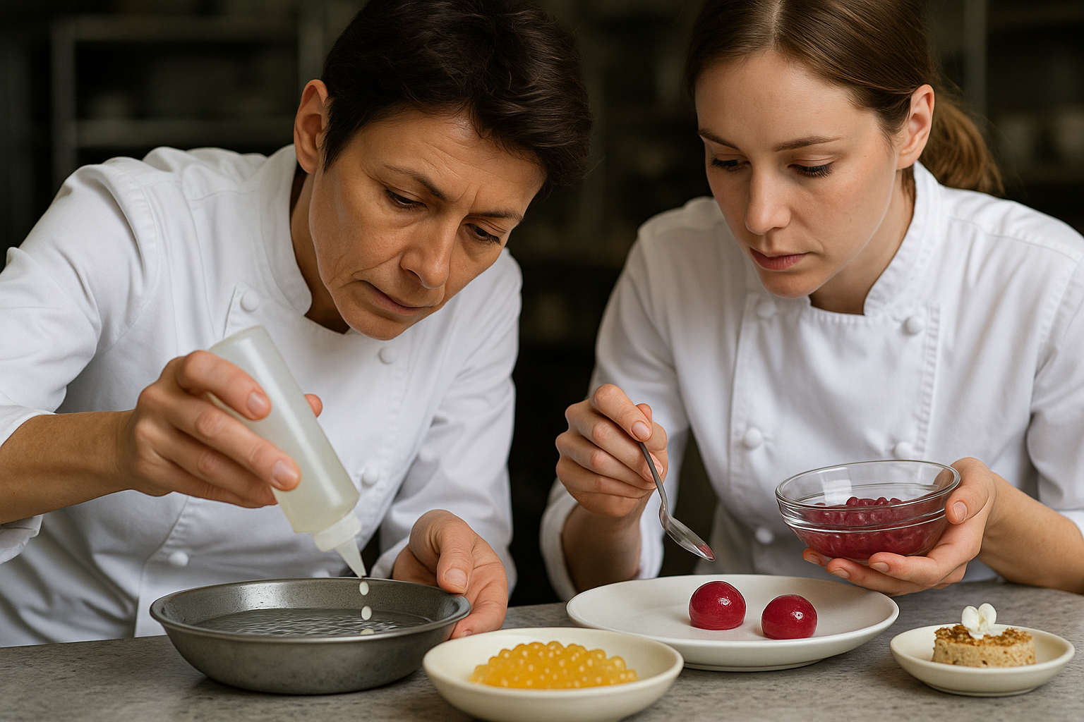 Chefs preparando esferas de cítricos (naranja y yuzu), inspiradas en la poética culinaria de Dominique Crenn.