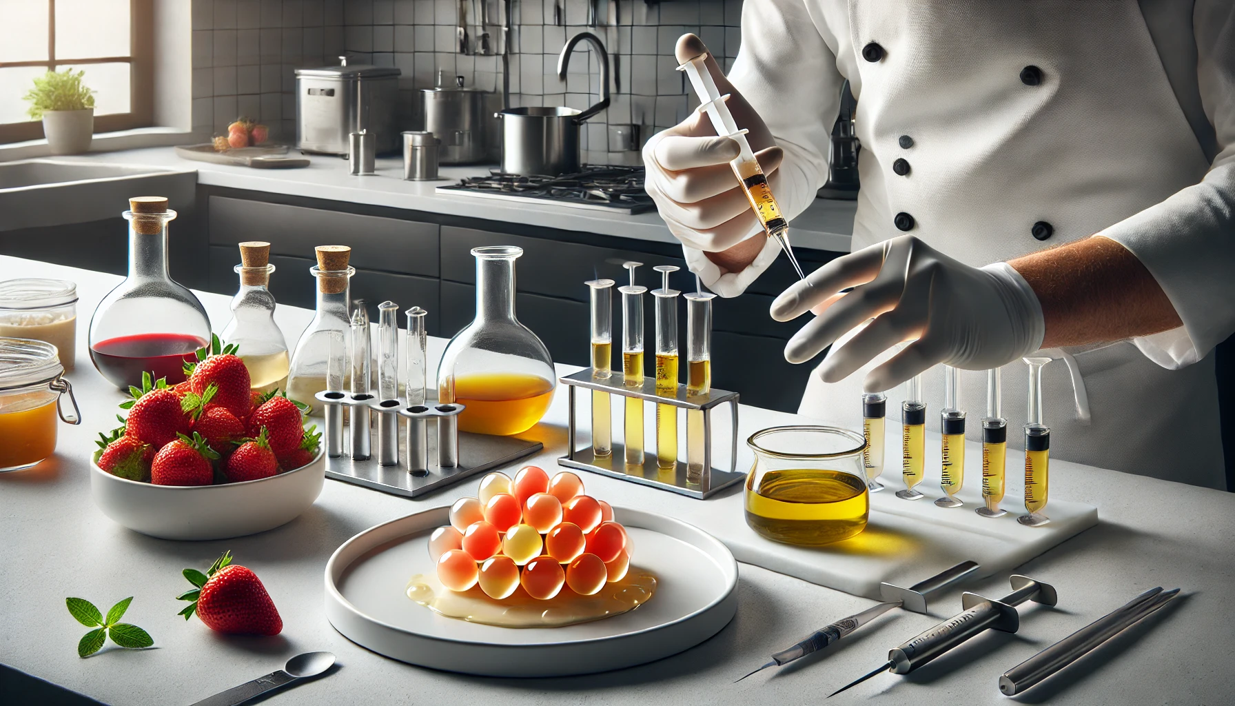 Esferas de frambuesa y mora, diseñadas para una experiencia interactiva donde los invitados eligen sabores y montan su postre.